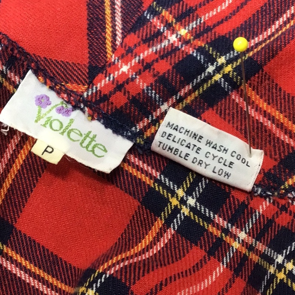 Vintage Red Plaid Tartan Blue Piping Self Tie Belt Front Pocket Flannel Maxi - Picture 13 of 15